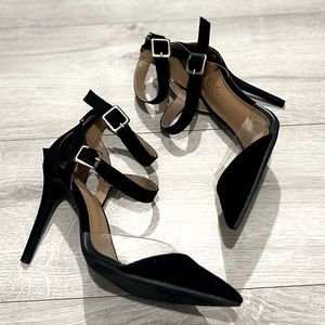 Women’s peep toe stiletto black translucent panel ankle strap buckle size 7.5